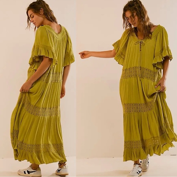 Free People Dresses & Skirts - Free People Bohemian Witchy Dream On Maxi Dress Green XS NEW Crochet Gauze Fall
